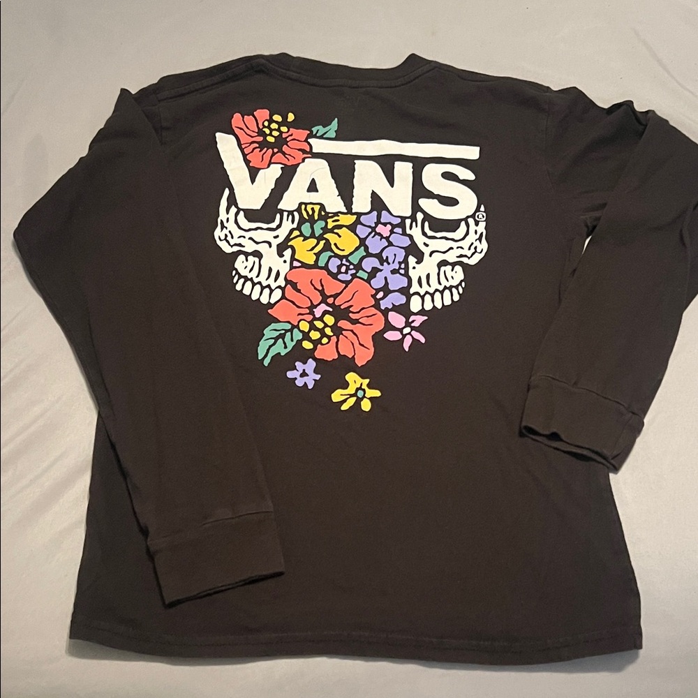 Vans Black Long Sleeve Shirt with Multicolor Floral Skull Graphic